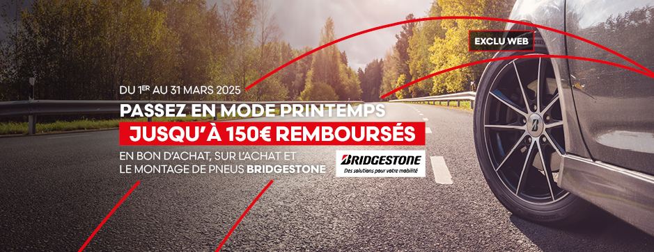 Jusqu'à 150€* offerts en bon d'achat sur les pneus de la marque Bridgestone commandés en ligne !